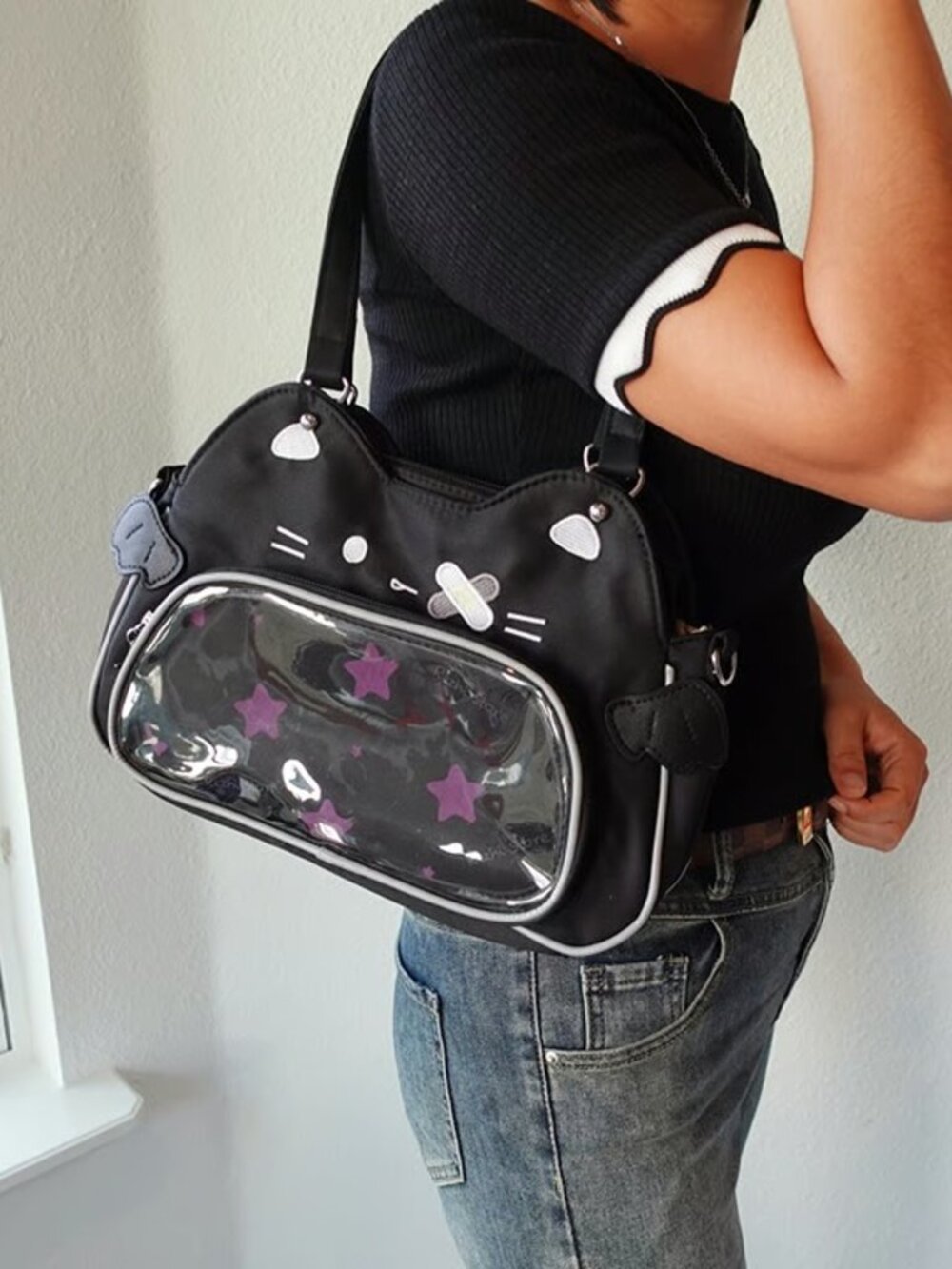 Kawaii Black Cat Ita Bag Crossbody Purse Y2K Anime Pin Display Bag